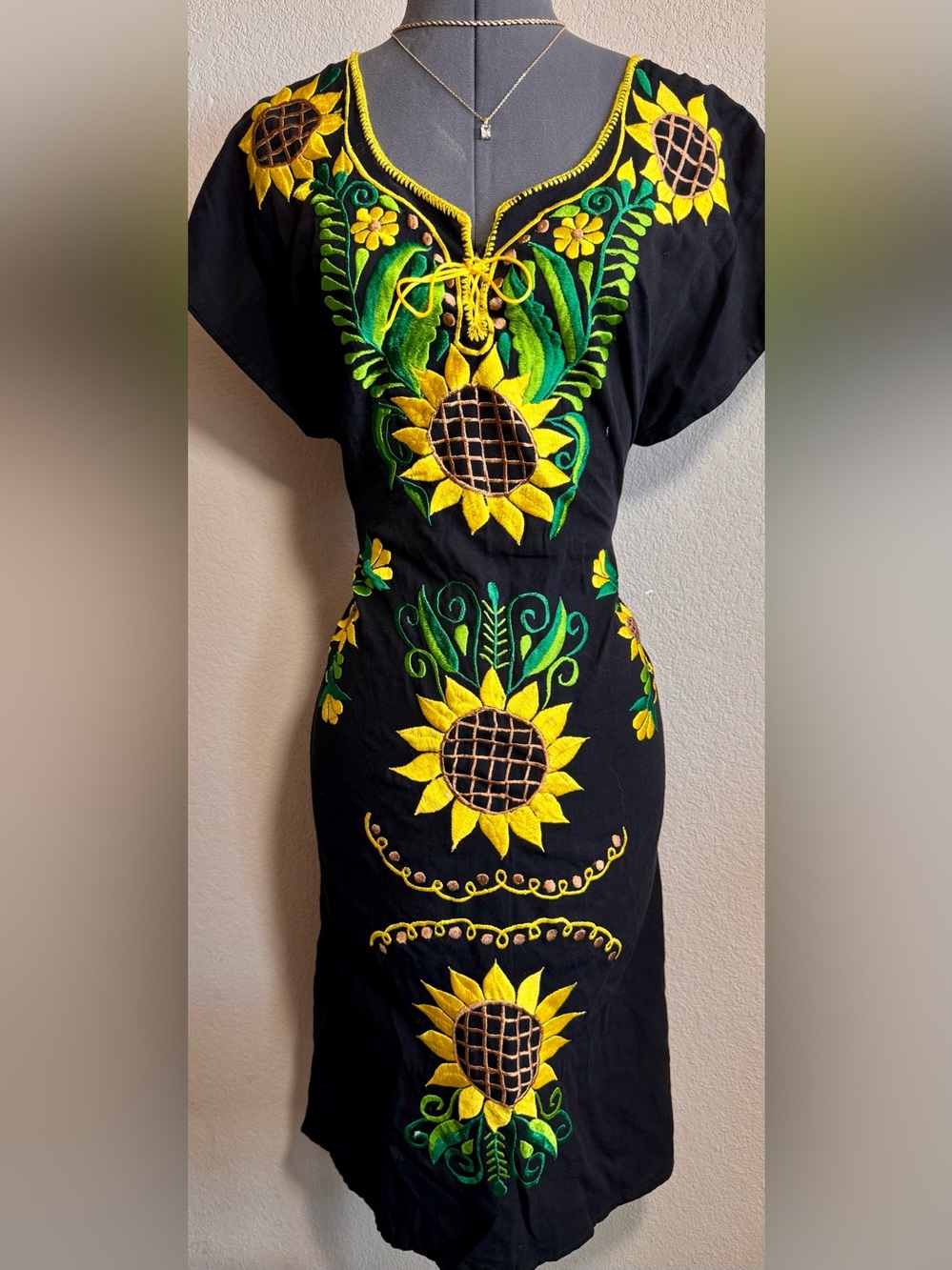 Black Yellow Green Tie Back Midi Dress Mumu M